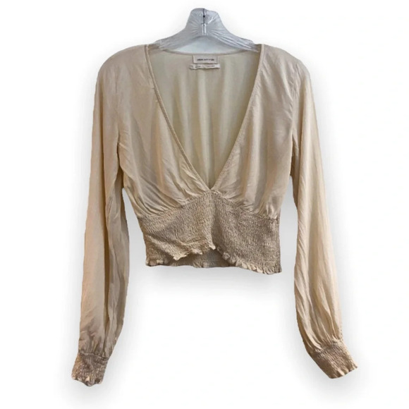 Urban Outfitters Tops - Urban Outfitters Plunging V Neck Bohemian Long Sleeve Cream Sheer Blouse Small